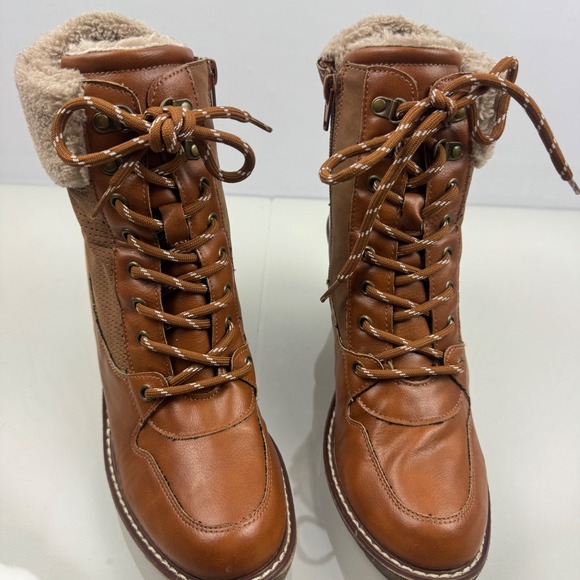 Rouge‎ Women Size 8.5 Brown Faux Leather Wedge Ankle Boots Lace Up Side Zip - Picture 5 of 14